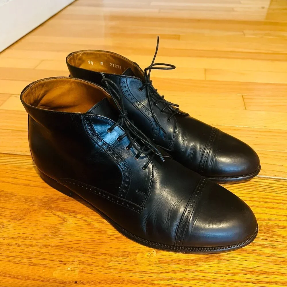 VTG Bostonian Oxford Ankle Boots Mens 9.5  Black Leather Lace Up Chukka Italy